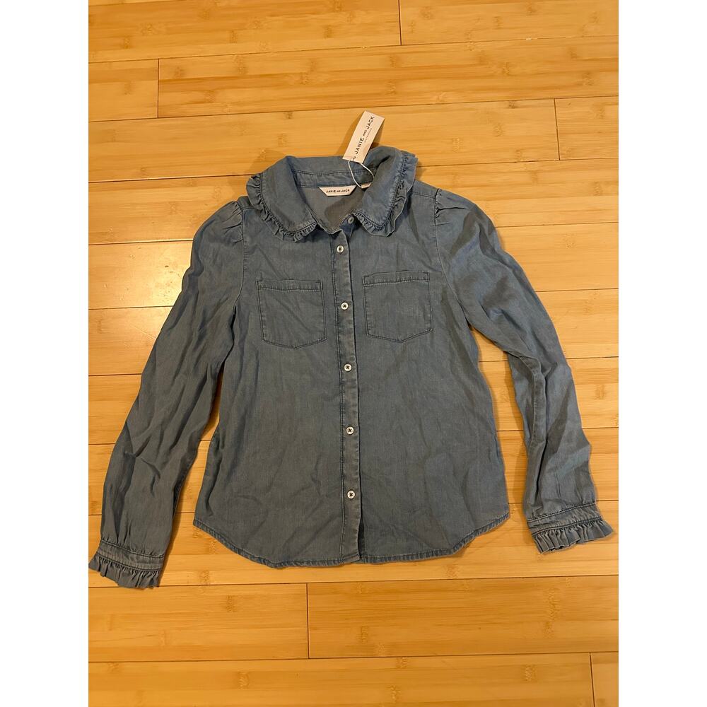 NWT Janie and Jack Girls Light Wash Denim Ruffle Collar Top Sz 12 Months